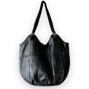 The Sak Indio Black Leather Slouchy Hobo Braided Handles Boho Beachy Large Bag